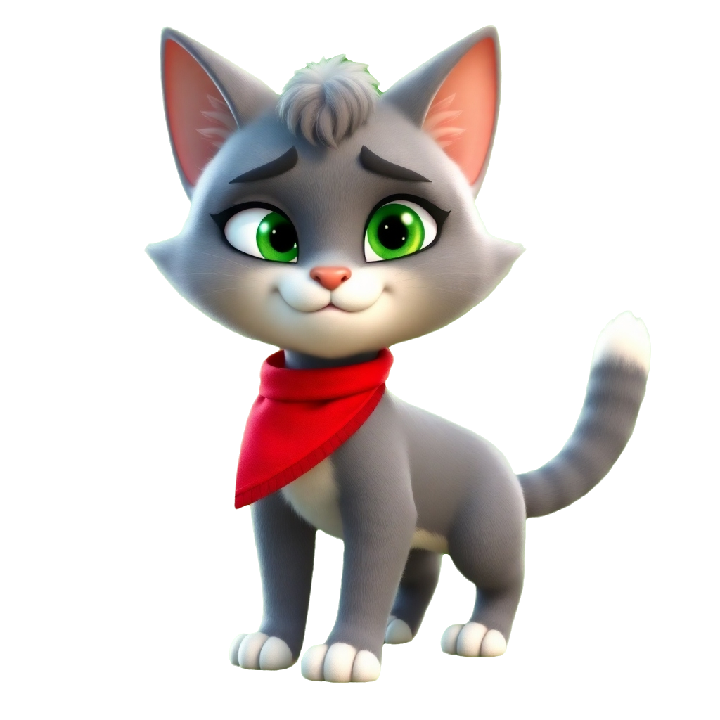 Bobby the grey cat wearing a red bandana from The 3 Gateros