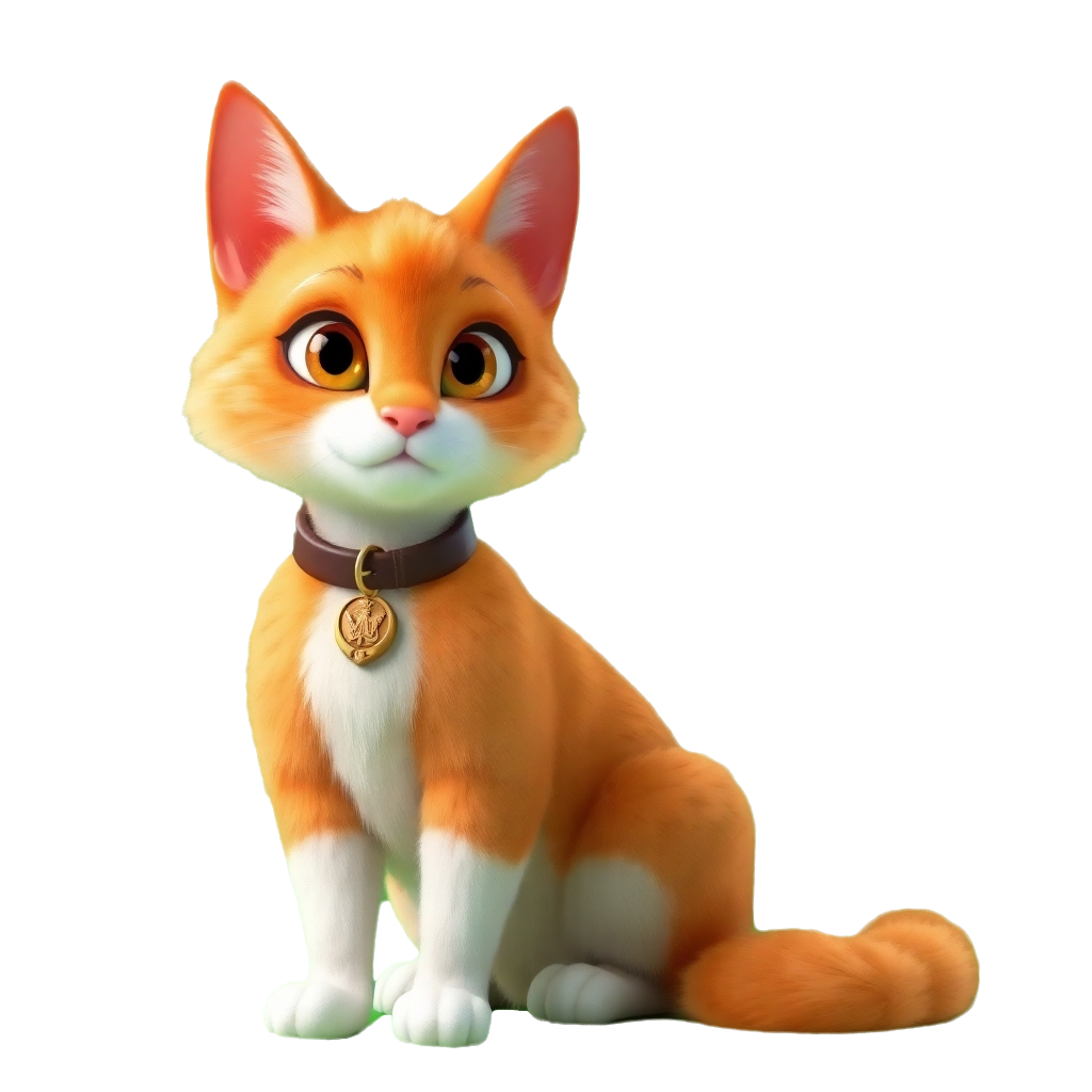 Millou the orange cat wearing a medallion from The 3 Gateros