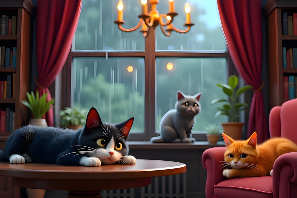 The 3 Gateros relaxing indoors on a rainy day with Millou Bobby and Lillith in a cozy room