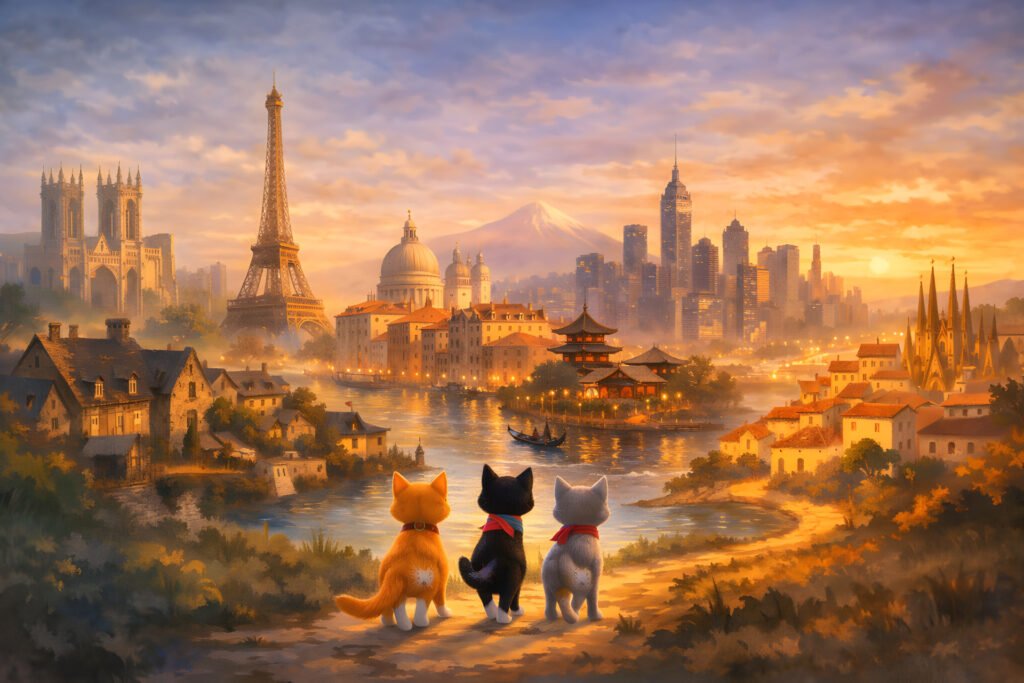 The 3 Gateros looking over a journey across world cities including York Paris Venice Japan and New York